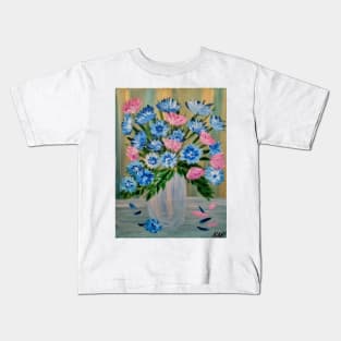 vibrant pink and blue bouquet of flowers in a silver and gold vase Kids T-Shirt